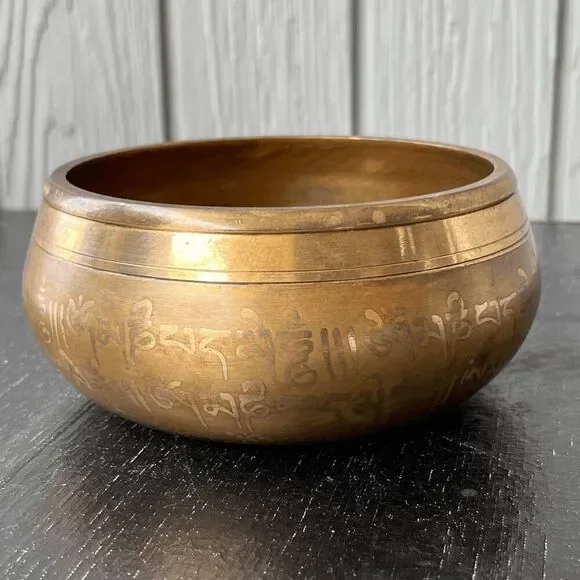 Brass Buddha Singing Bowl with Engraved Sanskrit Mantras 5x2 10oz